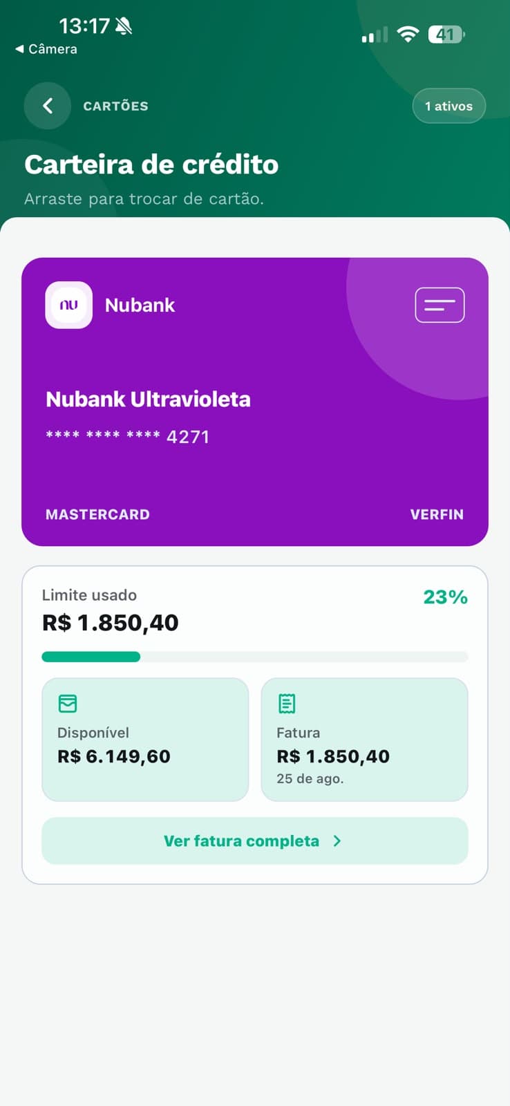 Tela Cartões da verfin mostrando limite usado, disponível e fatura de um cartão de crédito