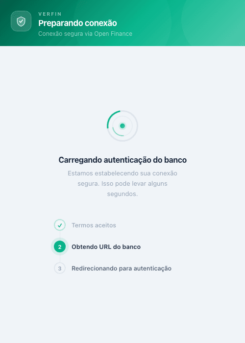 Tela “Preparando conexão”, com as etapas termos aceitos, obtendo URL do banco e redirecionando
